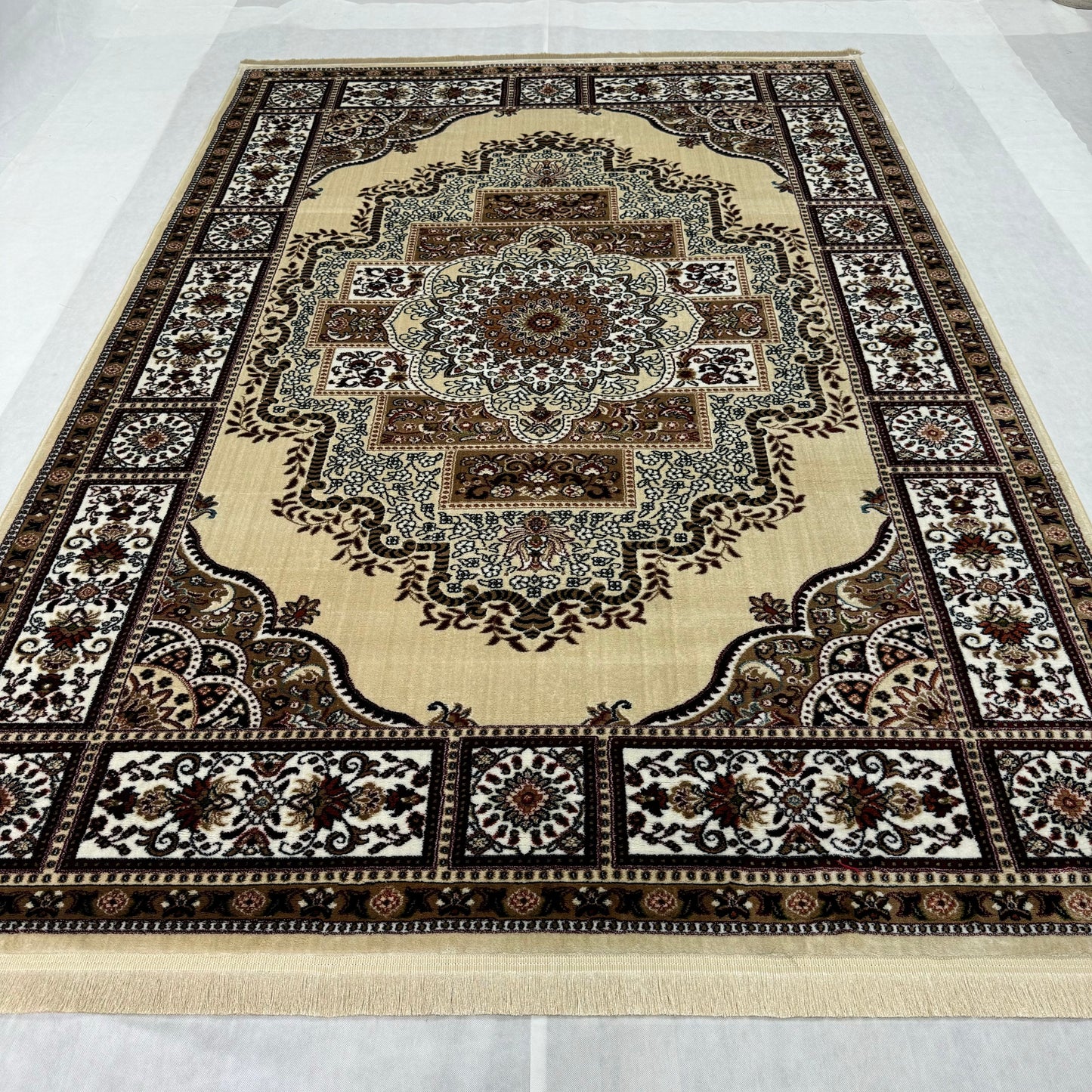 Luxurious Turkish Garnet Area Rug - 7 ft x 10 ft, Exquisite Beige Medallion Design