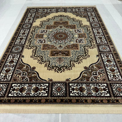 Luxurious Turkish Garnet Area Rug - 7 ft x 10 ft, Exquisite Beige Medallion Design