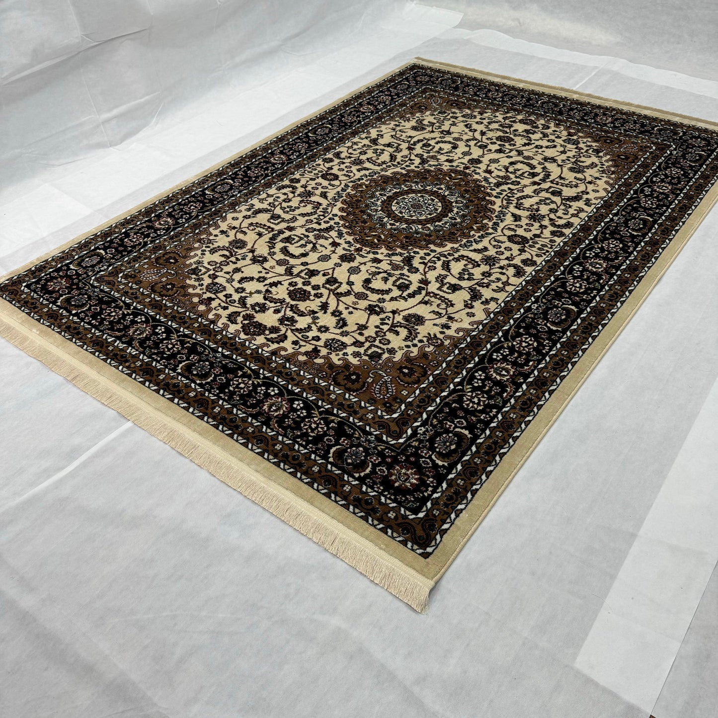 Exquisite Turkish Garnet Area Rug - 7 ft x 10 ft, Timeless Beige and Black Floral Design