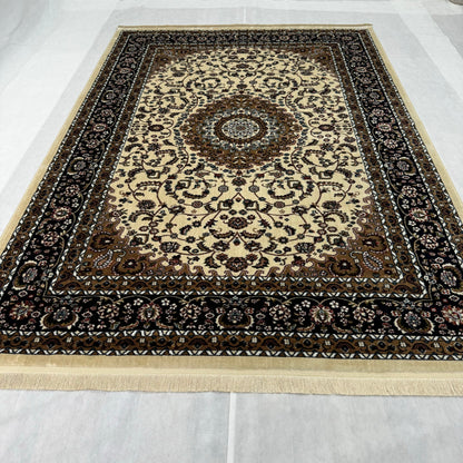 Exquisite Turkish Garnet Area Rug - 7 ft x 10 ft, Timeless Beige and Black Floral Design