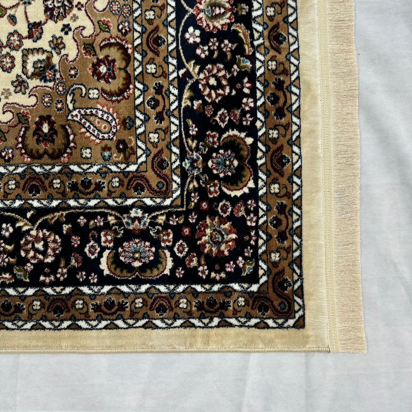 Exquisite Turkish Garnet Area Rug - 7 ft x 10 ft, Timeless Beige and Black Floral Design