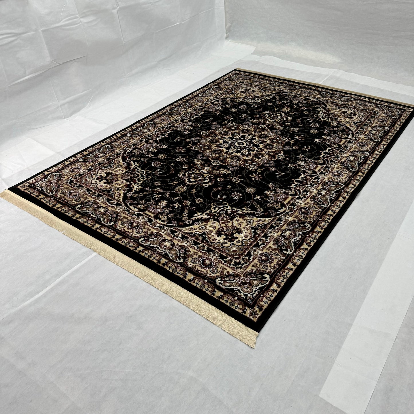 Luxurious Turkish Grace Area Rug - 7 ft x 10 ft, Elegant Black and Ivory Floral Design