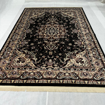 Luxurious Turkish Grace Area Rug - 7 ft x 10 ft, Elegant Black and Ivory Floral Design