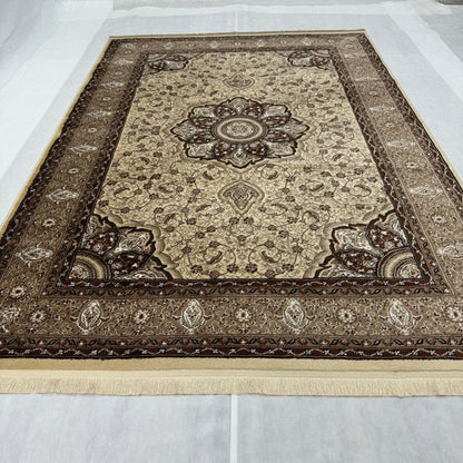 Elegant Turkish Grace Rug - 7 ft x 10 ft, Beige and Brown Floral Design