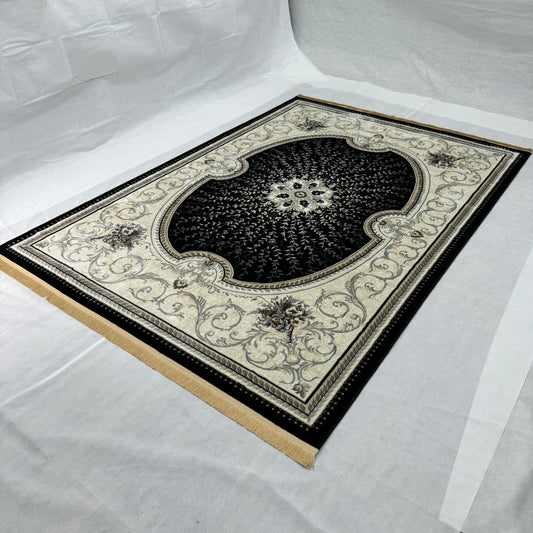 Elegant Turkish Topaz Machine-Made Rug - 7 ft x 10 ft, Classic Black and Ivory Design