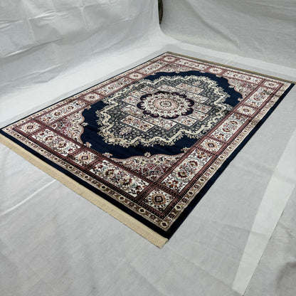 Luxurious Turkish Garnet Area Rug - 7 ft x 10 ft, Elegant Navy Blue and Ivory Floral Design