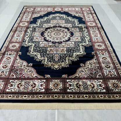 Luxurious Turkish Garnet Area Rug - 7 ft x 10 ft, Elegant Navy Blue and Ivory Floral Design