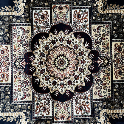 Luxurious Turkish Garnet Area Rug - 7 ft x 10 ft, Elegant Navy Blue and Ivory Floral Design