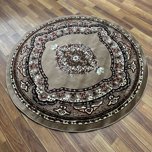 Luxurious Turkish Round Rug 5ft x 5ft - Royal Design in Beige & Burgundy - Premium Machine-Made Polyester Rug from Turkey