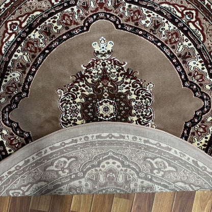 Luxurious Turkish Round Rug 5ft x 5ft - Royal Design in Beige & Burgundy - Premium Machine-Made Polyester Rug from Turkey