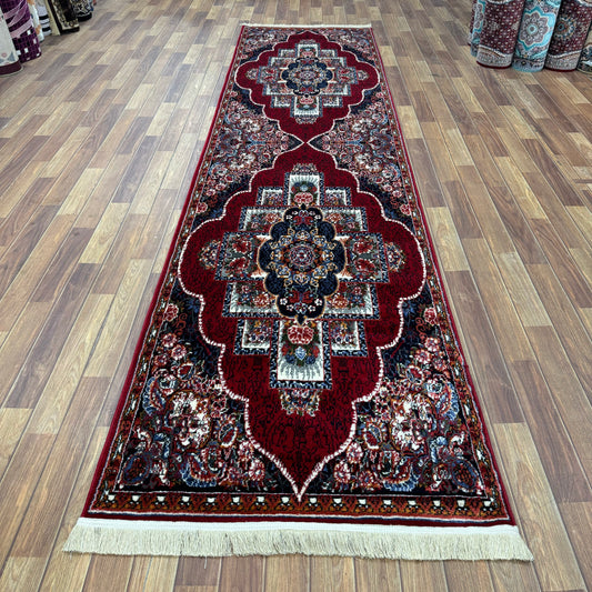 Luxurious Persian Runner 3ft x 13ft - Kashan Design in Red Wine - 500 Reeds Acrylic & Polyester Blend