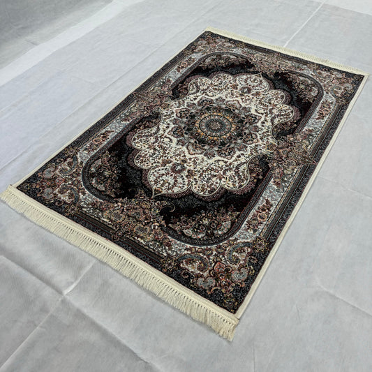 Luxurious Persian Rug 4ft x 6ft - Farsh Nagin Chaman Design in Ivory & Black - 1000 Reeds Acrylic Rug