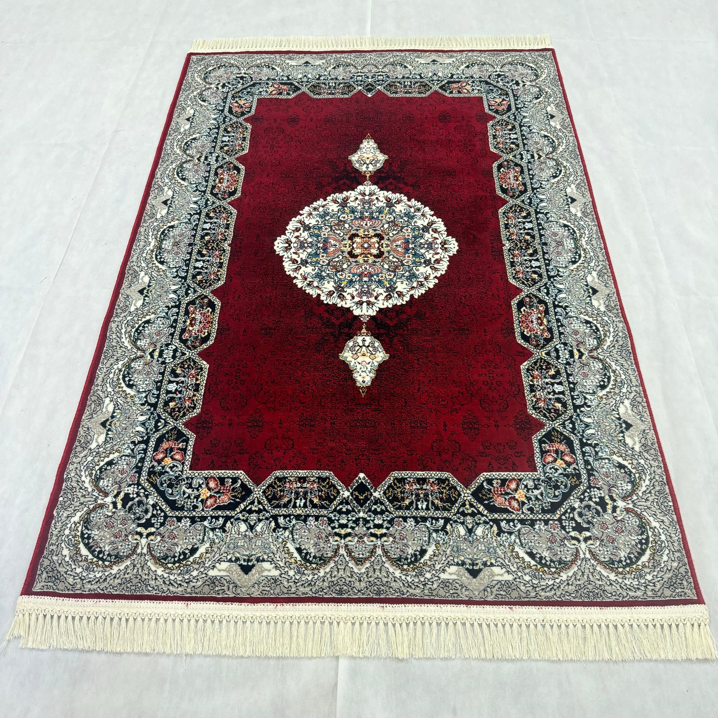Luxurious Persian Rug 4ft x 6ft - Farsh Nagin Chaman Design in Burgundy & Silver - 1000 Reeds Acrylic Rug