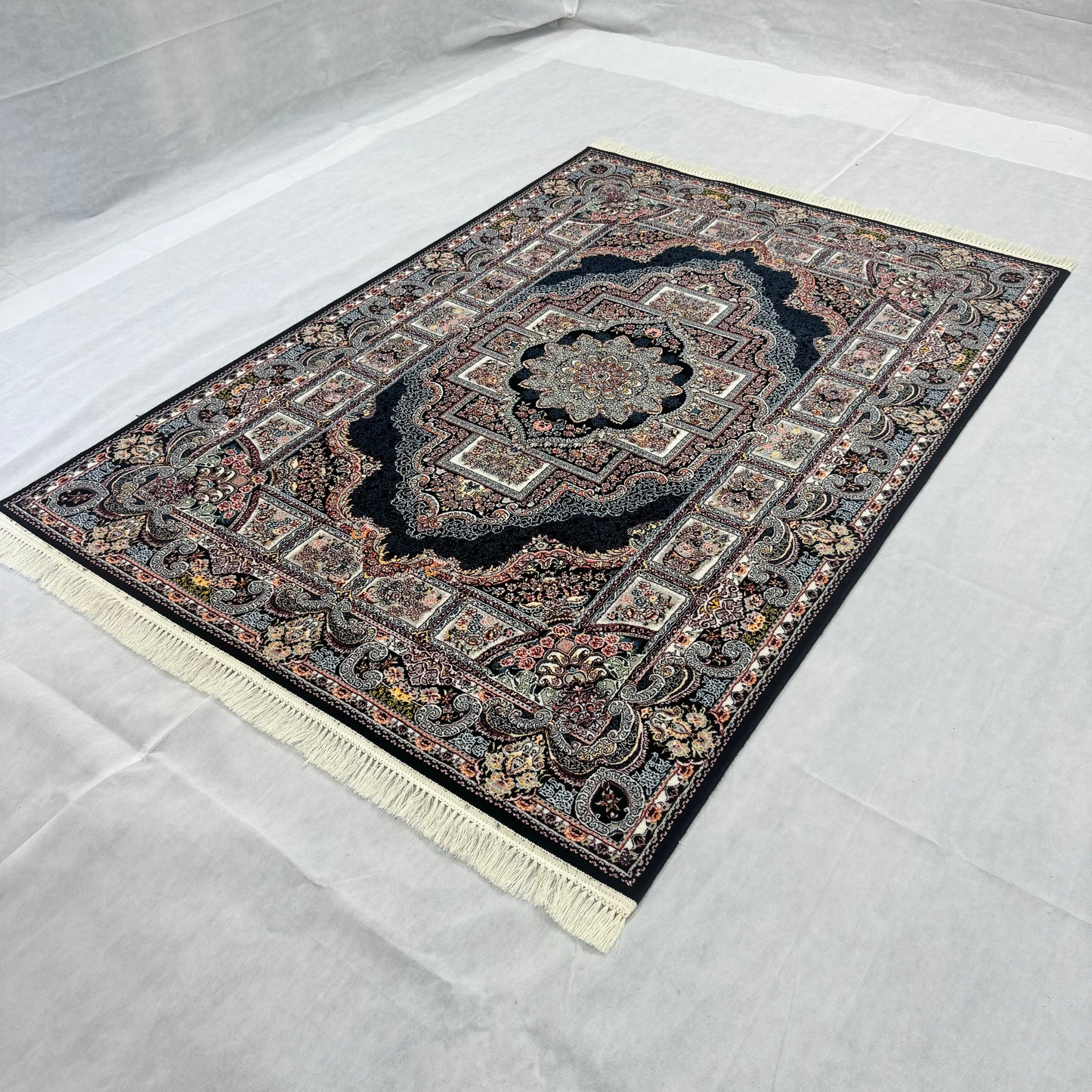 Luxurious Persian Rug 5 ft x 8 ft - Farsh Nagin Chaman in Black & Multicolor - 1000 Reeds Acrylic