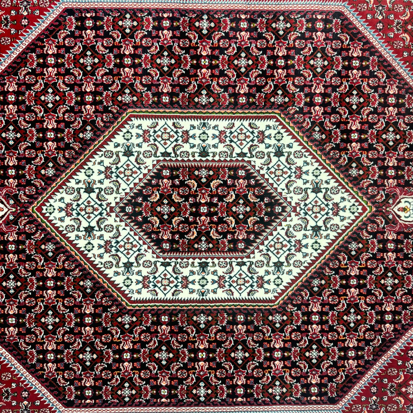 Exquisite Persian 5 ft x 8 ft Red & White Hexagon Design Rug - 1000 Reeds - Farsh Nagin Chaman Acrylic Machine Made