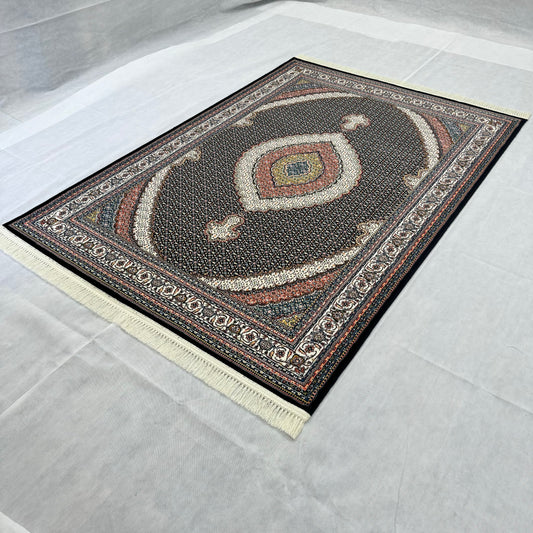 uxurious Persian 5 ft x 8 ft Black & Beige Oval Medallion Rug - 1000 Reeds - Farsh Nagin Chaman Machine Made Acrylic