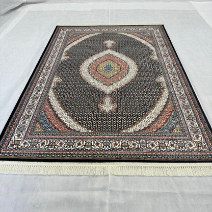 uxurious Persian 5 ft x 8 ft Black & Beige Oval Medallion Rug - 1000 Reeds - Farsh Nagin Chaman Machine Made Acrylic