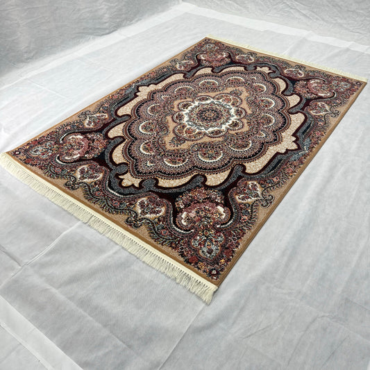 Luxurious Beige & Maroon Persian Rug 5 ft x 8 ft - 1000 Reeds - Farsh Nagin Chaman - Machine Made Acrylic Rug