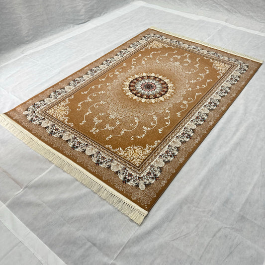 Golden Beige Persian Rug 5 ft x 8 ft - 1000 Reeds - Farsh Nagin Chaman - Luxurious Machine Made Acrylic