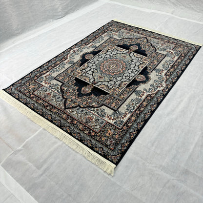 Exquisite Black and Beige Persian Rug 5 ft x 8 ft - 1000 Reeds - Farsh Nagin Chaman - Premium Acrylic Machine Made Rug