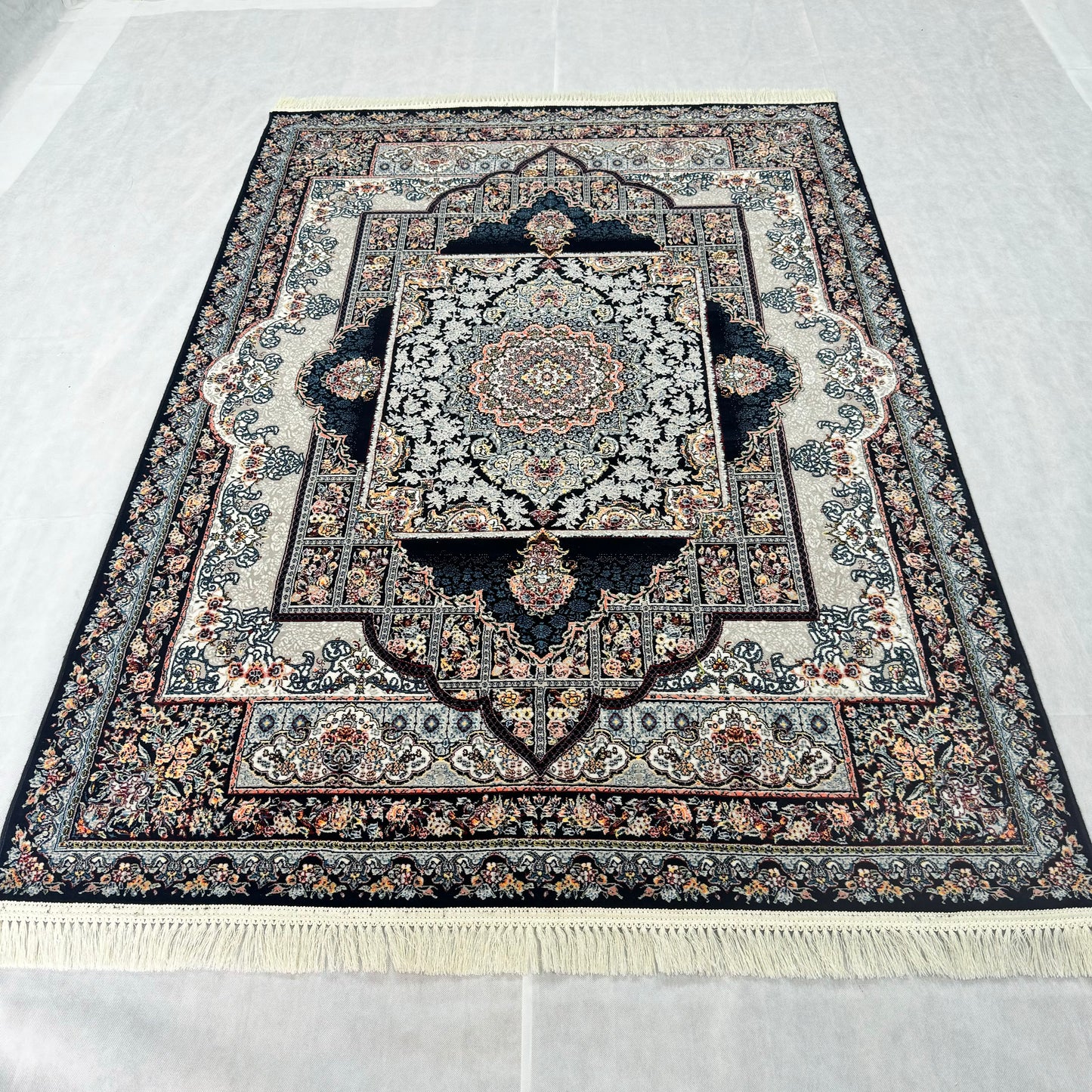 Exquisite Black and Beige Persian Rug 5 ft x 8 ft - 1000 Reeds - Farsh Nagin Chaman - Premium Acrylic Machine Made Rug