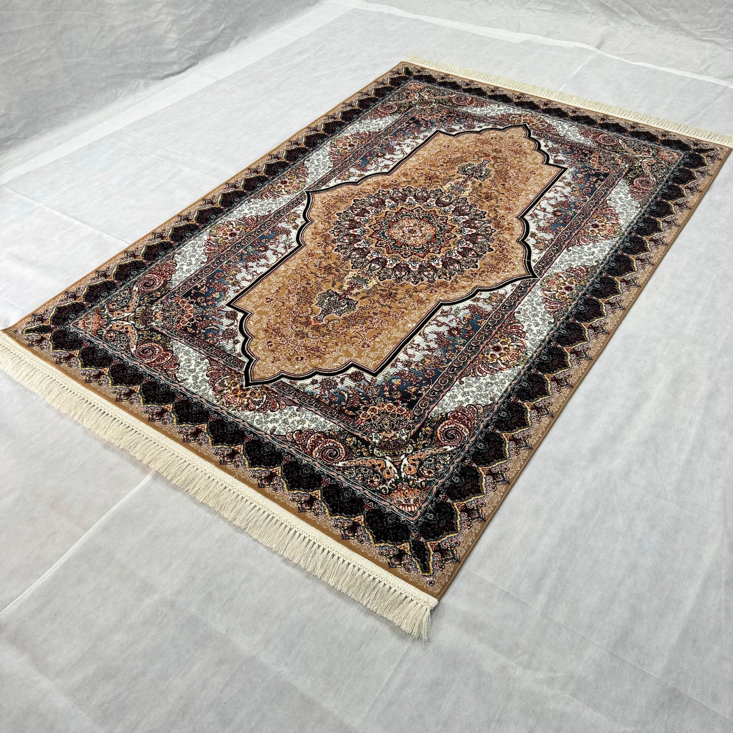 Luxurious Beige and Brown Persian Rug 5 ft x 8 ft - 1000 Reeds - Farsh Nagin Chaman - Premium Acrylic Machine Made Rug