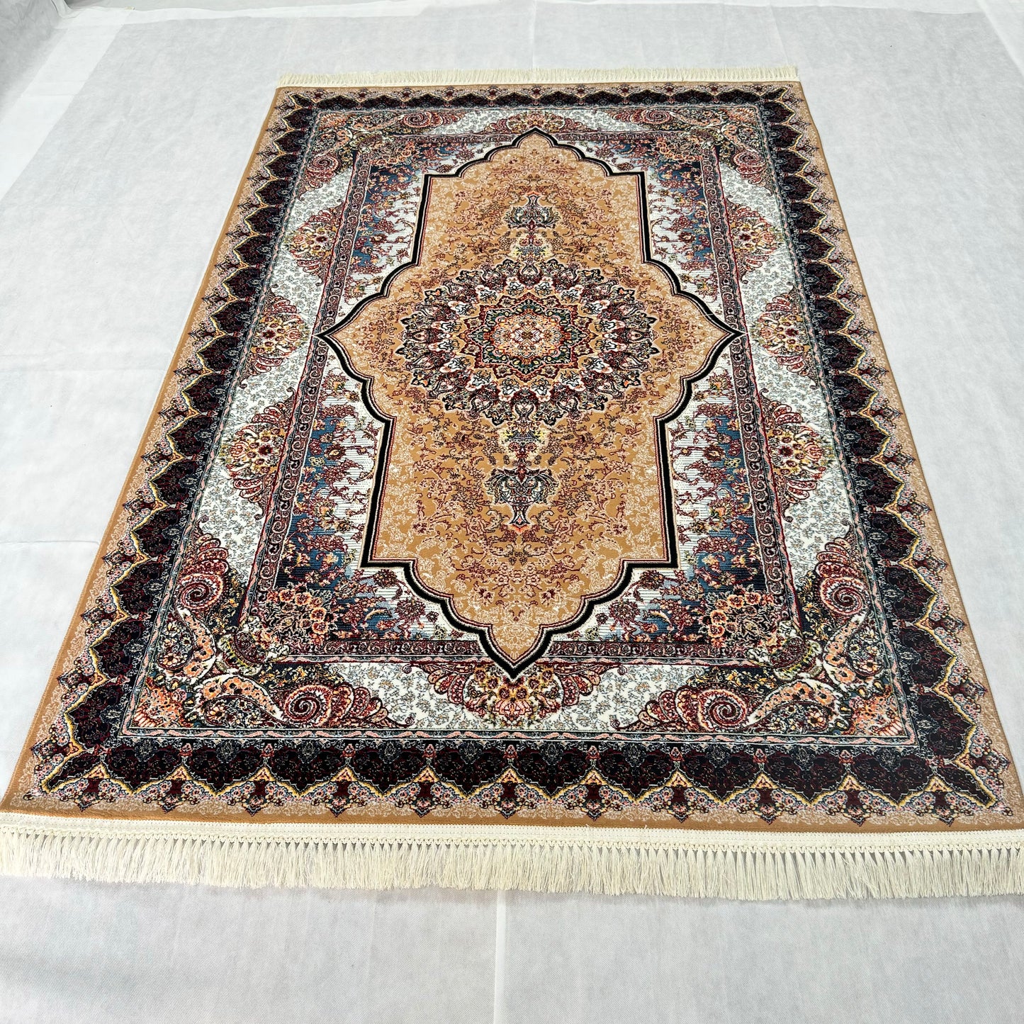 Luxurious Beige and Brown Persian Rug 5 ft x 8 ft - 1000 Reeds - Farsh Nagin Chaman - Premium Acrylic Machine Made Rug