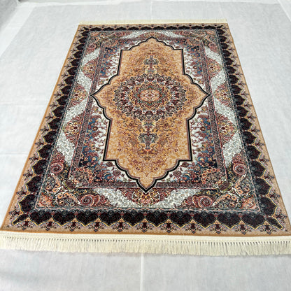 Luxurious Beige and Brown Persian Rug 5 ft x 8 ft - 1000 Reeds - Farsh Nagin Chaman - Premium Acrylic Machine Made Rug