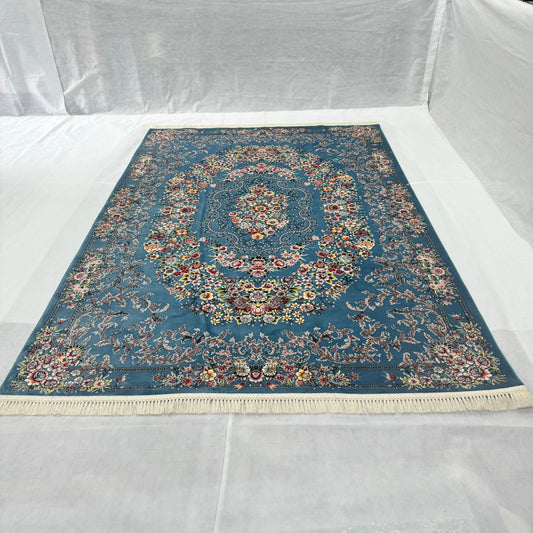 Elegant Blue Persian Rug 7 ft x 10 ft - 1000 Reeds - Farsh Nagin Chaman - Machine Made Luxury with Floral Design