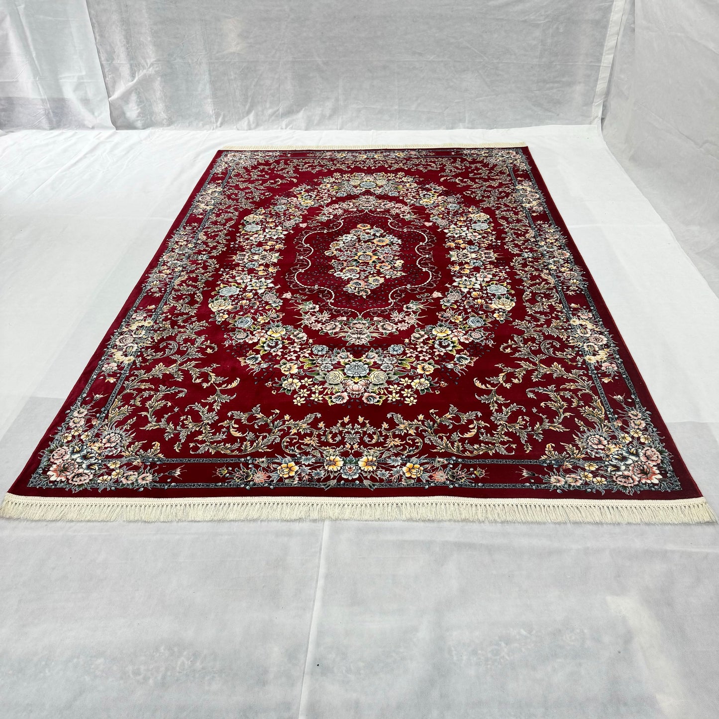 Luxurious Red Persian Rug 7 ft x 10 ft - 1000 Reeds - Farsh Nagin Chaman - Exquisite Floral Medallion Design