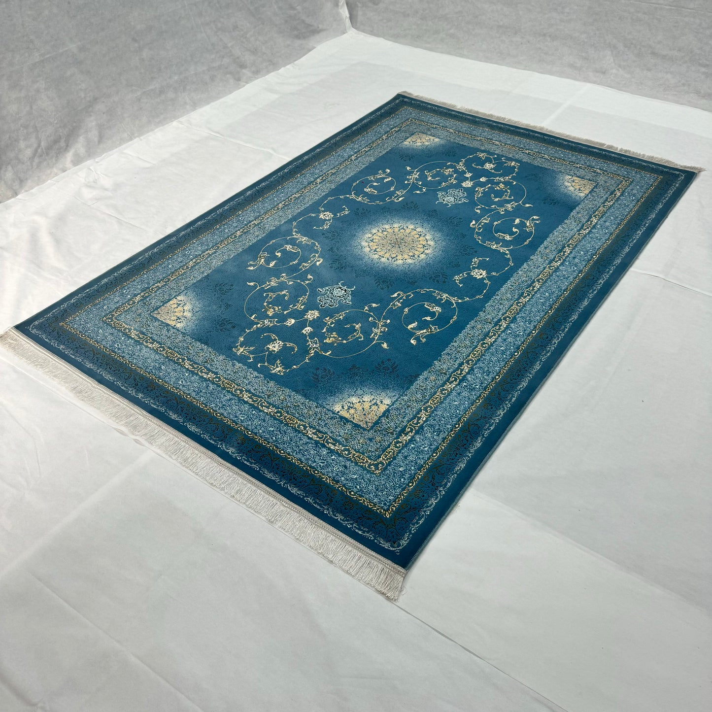 Luxurious Persian Rug 5ft x 8ft - Farsh Nagin Chaman Design in Blue & Gold - 1200 Reeds Acrylic Rug