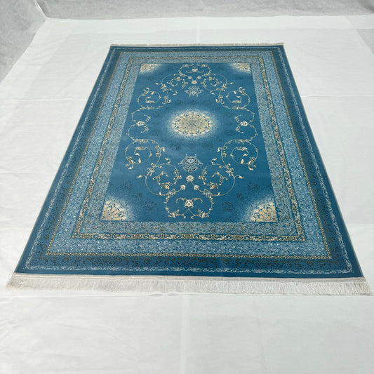 Luxurious Persian Rug 5ft x 8ft - Farsh Nagin Chaman Design in Blue & Gold - 1200 Reeds Acrylic Rug
