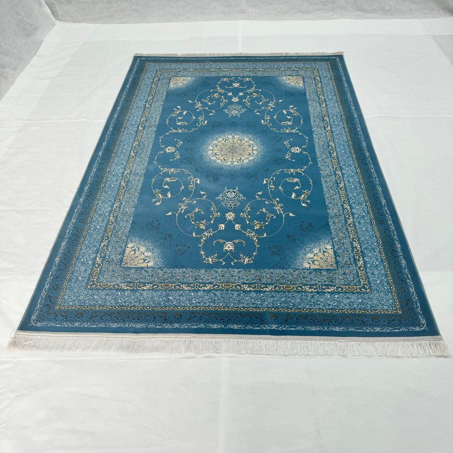 Luxurious Persian Rug 5ft x 8ft - Farsh Nagin Chaman Design in Blue & Gold - 1200 Reeds Acrylic Rug