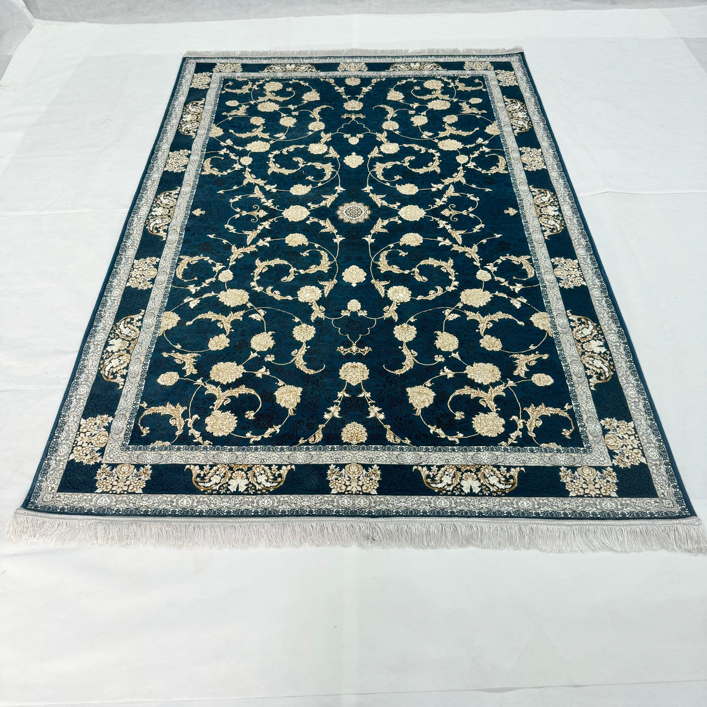 Luxurious Persian Rug 5ft x 8ft - Farsh Nagin Chaman Design in Navy & Gold - 1200 Reeds Acrylic Rug