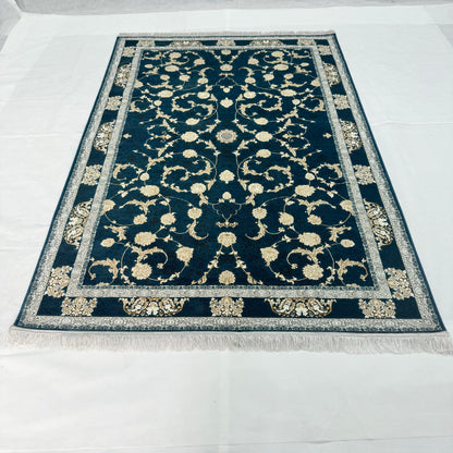 Luxurious Persian Rug 5ft x 8ft - Farsh Nagin Chaman Design in Navy & Gold - 1200 Reeds Acrylic Rug