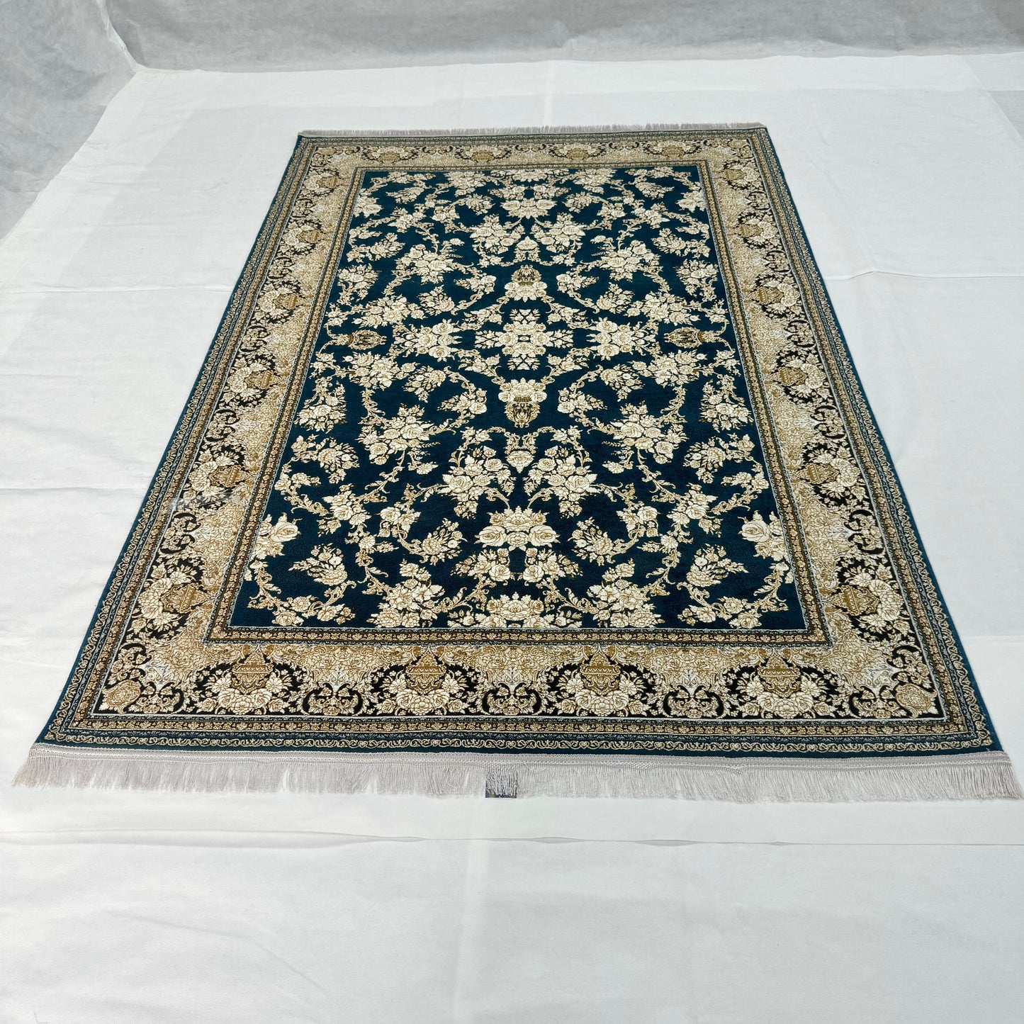 Luxurious Persian Rug 5ft x 8ft - Farsh Nagin Chaman Design in Navy & Gold - 1200 Reeds Acrylic Rug