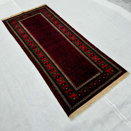 Luxurious 3x7 ft Baluchi Handmade Rug - Rich Red and Green Geometric Design