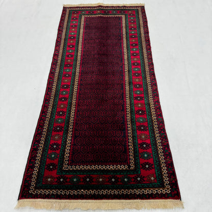 Luxurious 3x7 ft Baluchi Handmade Rug - Rich Red and Green Geometric Design