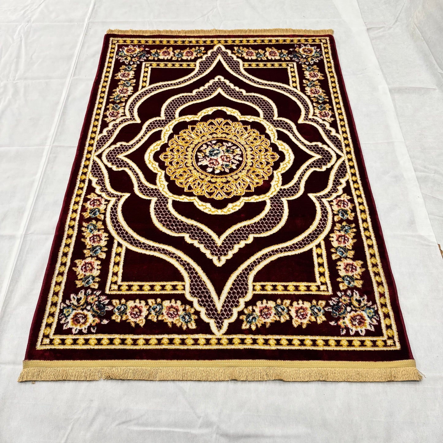 4 ft x 6 ft Persian Rug - Qom Royal Collection - Maroon & Gold Floral Medallion Design