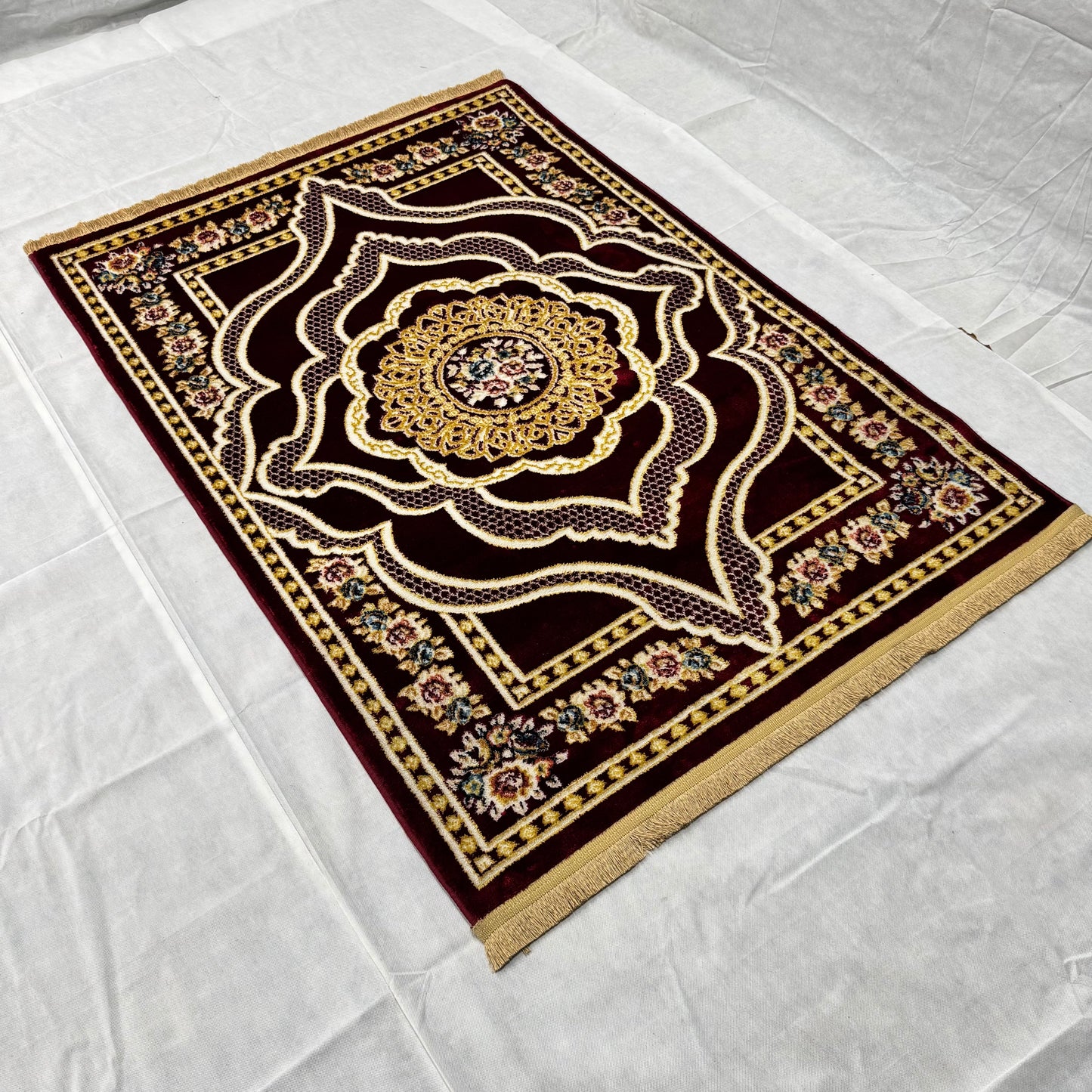 4 ft x 6 ft Persian Rug - Qom Royal Collection - Maroon & Gold Floral Medallion Design