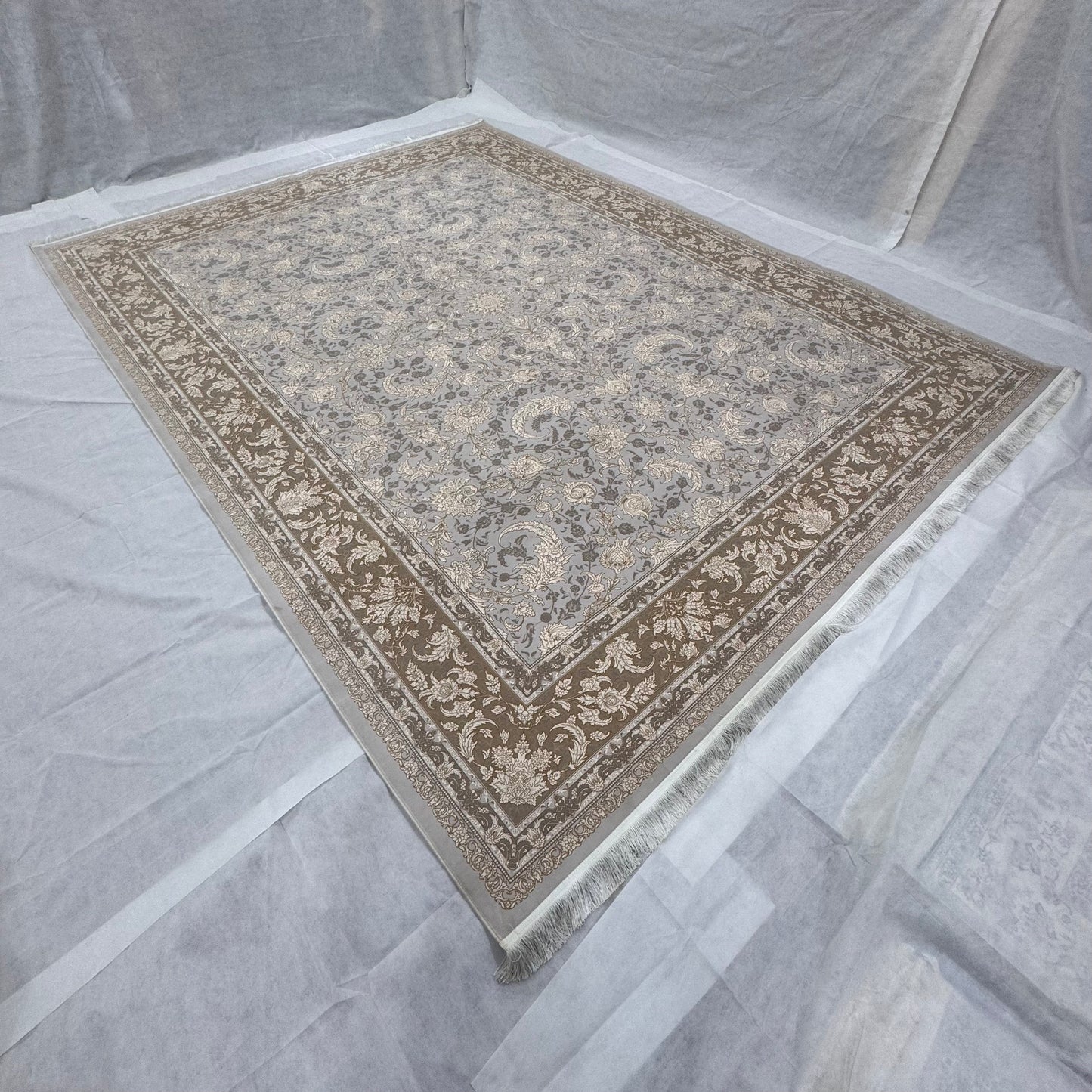 10 ft x 13 ft Persian Rug – Beheshti Tabraiz Collection, Silk, Beige & Grey