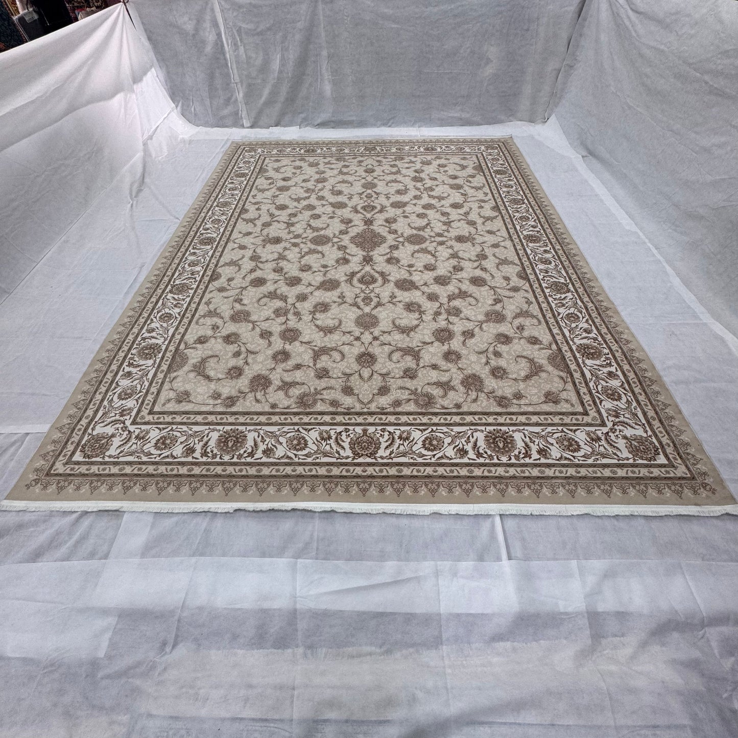 10 ft x 13 ft Persian Rug – Beheshti Tabraiz Collection, Silk, Cream & Brown
