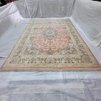 10 ft x 13 ft Persian Silk Rug – Beheshti Tabriz Collection, Coral & Ivory