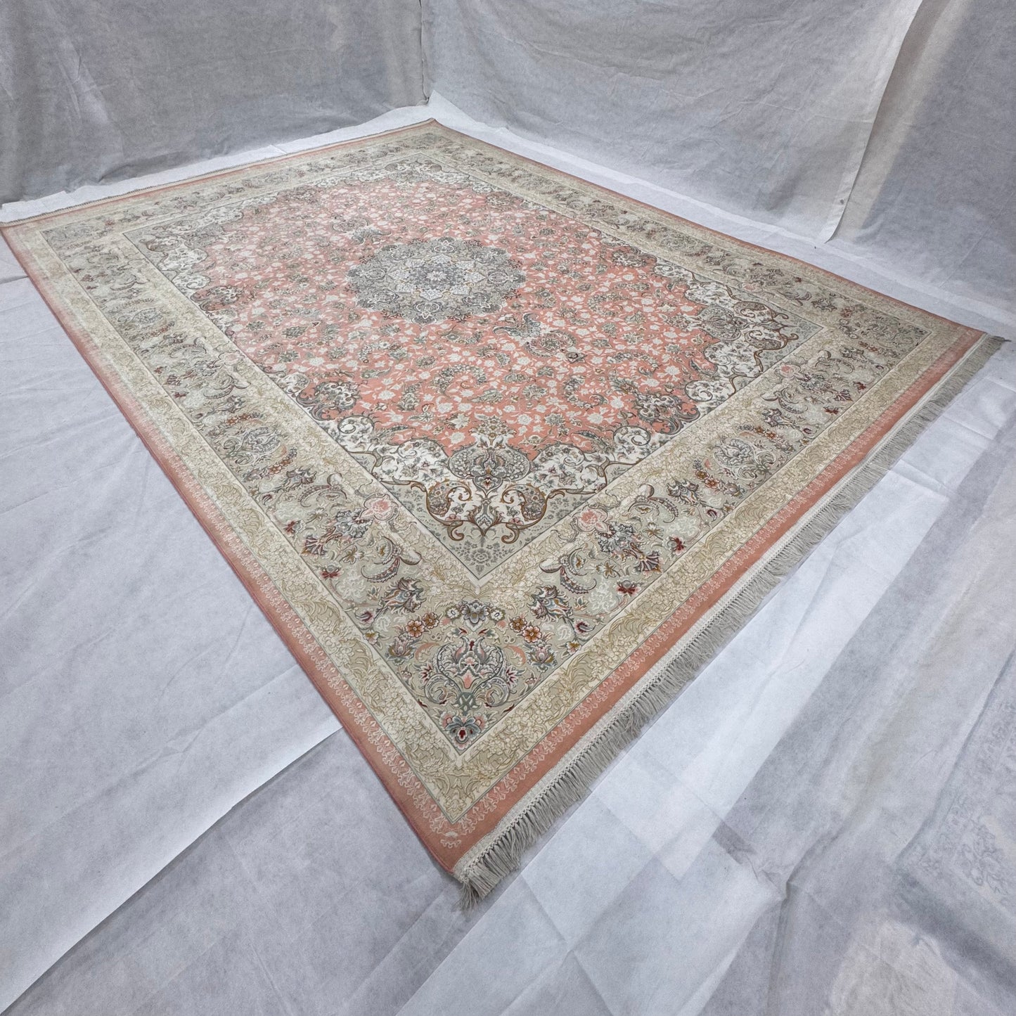 10 ft x 13 ft Persian Silk Rug – Beheshti Tabriz Collection, Coral & Ivory