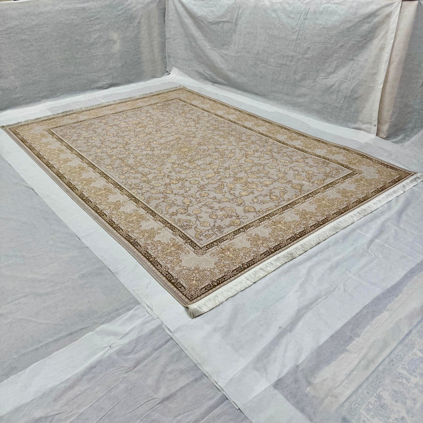 8x11 ft Persian Rug - Beheshti Tabraiz Collection - Cream Silk Luxury Machine-Made