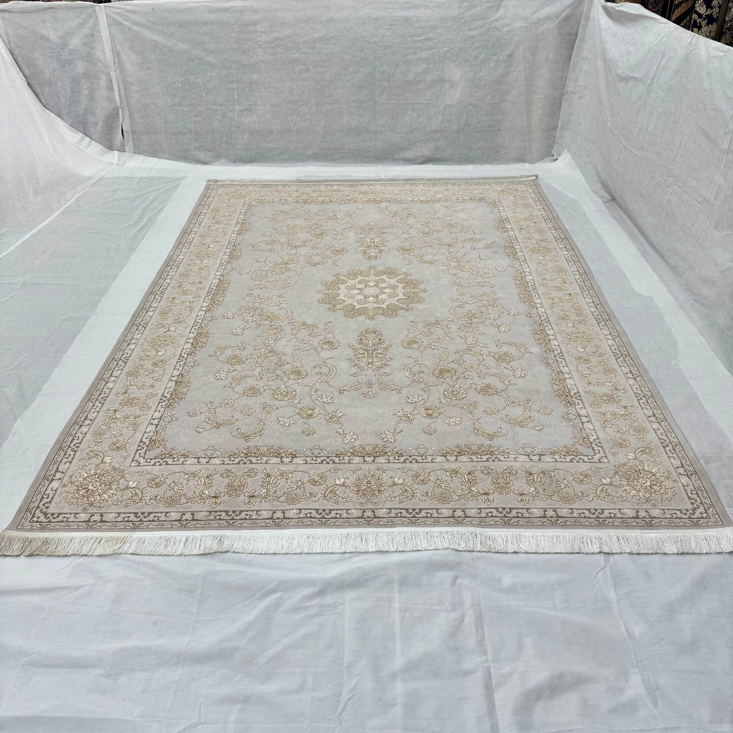 8x11 ft Persian Rug - Beheshti Tabraiz Collection - Light Grey Silk Luxury Machine-Made