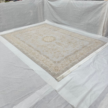 8x11 ft Persian Rug - Beheshti Tabraiz Collection - Light Grey Silk Luxury Machine-Made