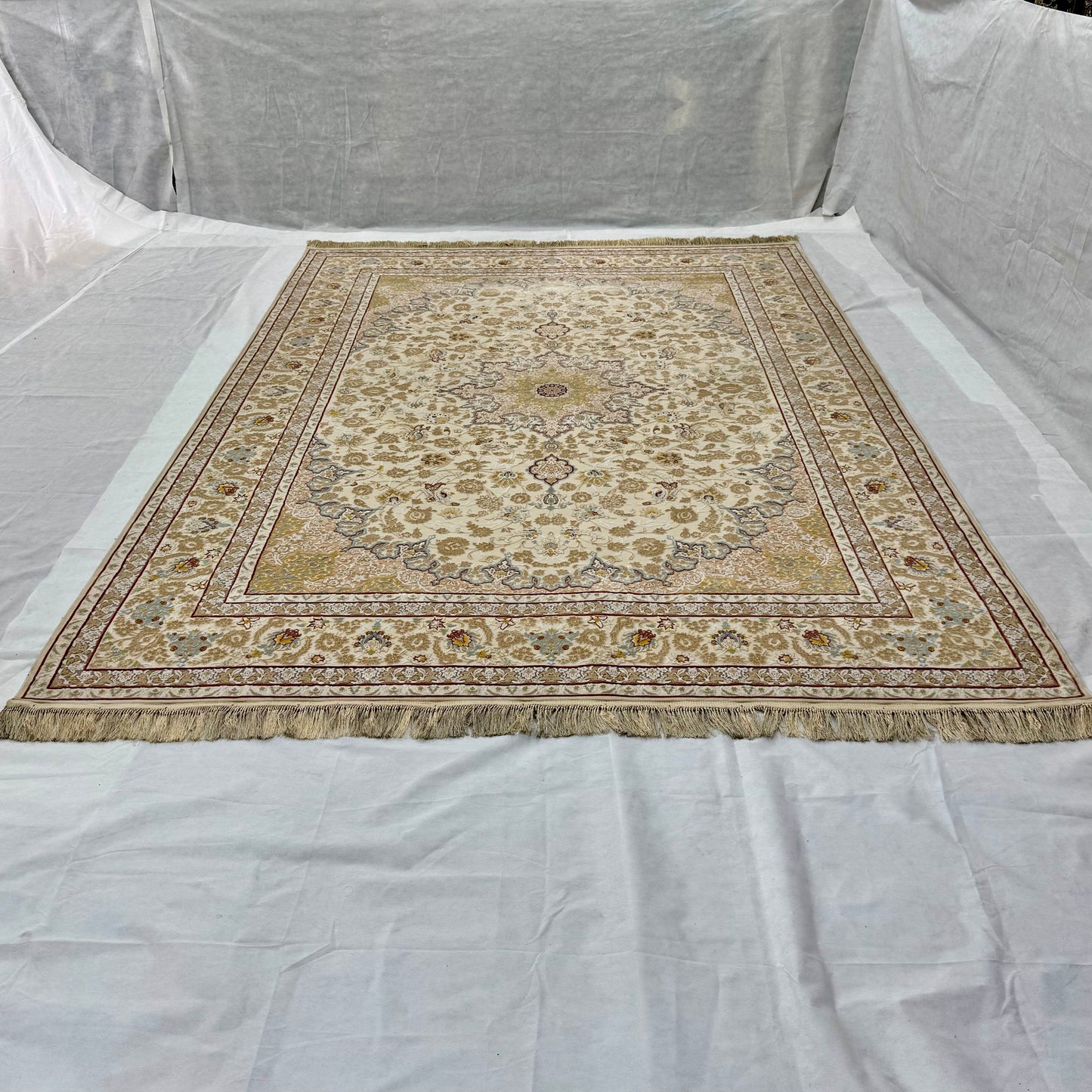 8x11 ft Persian Rug - Beheshti Tabraiz Collection - Beige Silk Luxury Machine-Made
