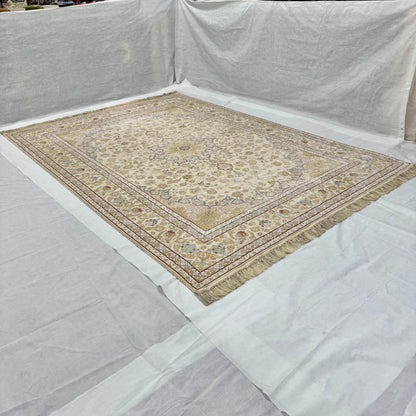 8x11 ft Persian Rug - Beheshti Tabraiz Collection - Beige Silk Luxury Machine-Made