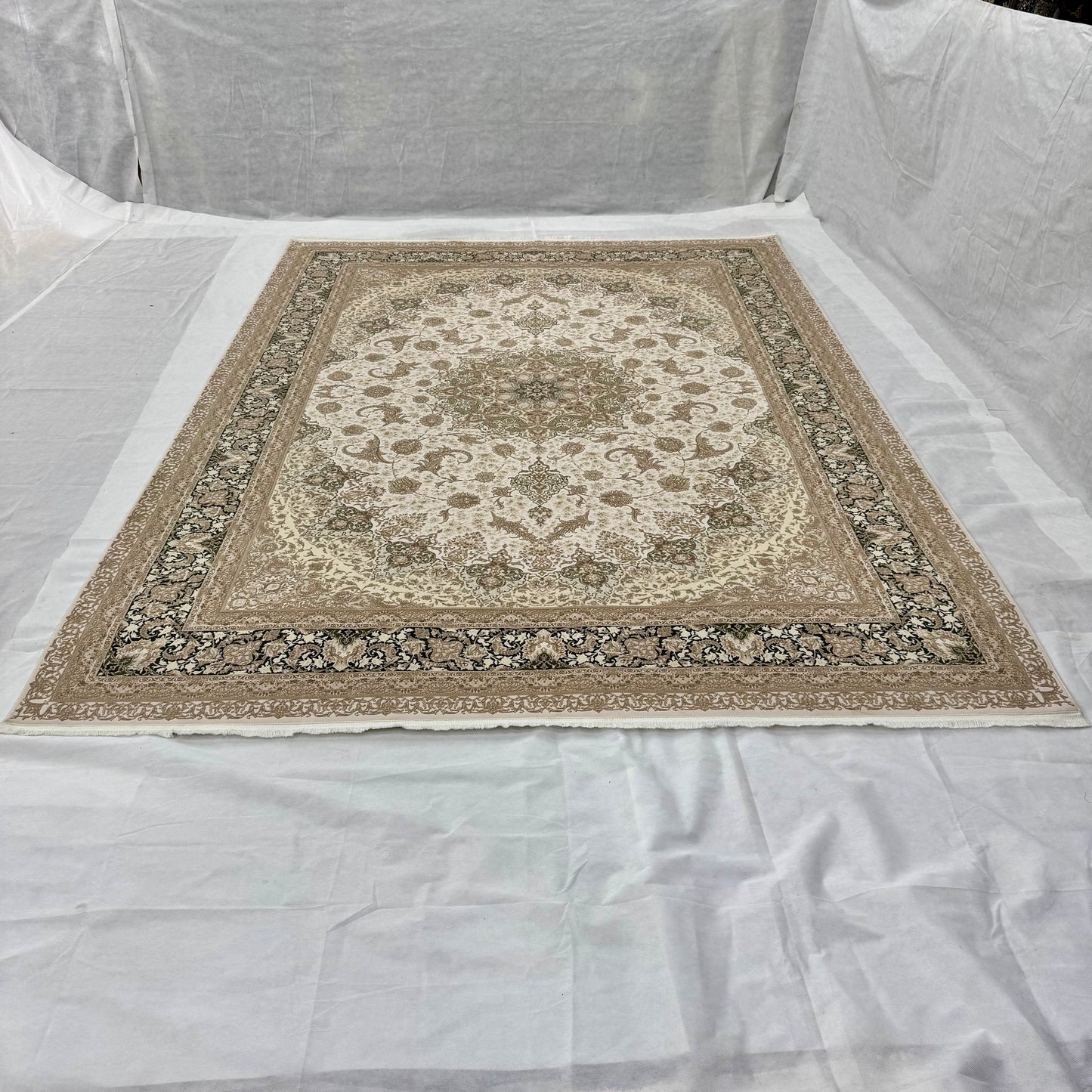 8x11 ft Persian Rug - Beheshti Tabraiz Collection - Olive Beige Silk Luxury Machine-Made